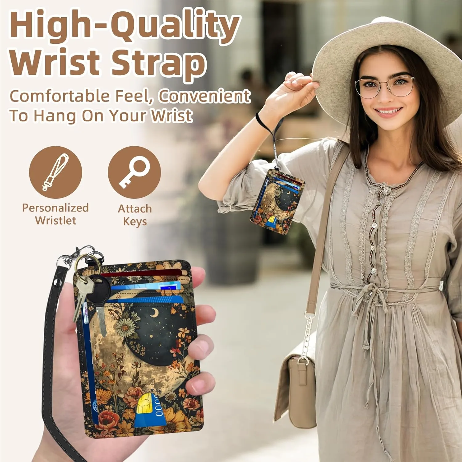 Credit Holder Slim Wallet, PU Leather RFID Blocking, Women & Men Front Pocket Floral Moon Small Card Holder, Credit Card Wallet with Wristlet, Convenient Travel Business
