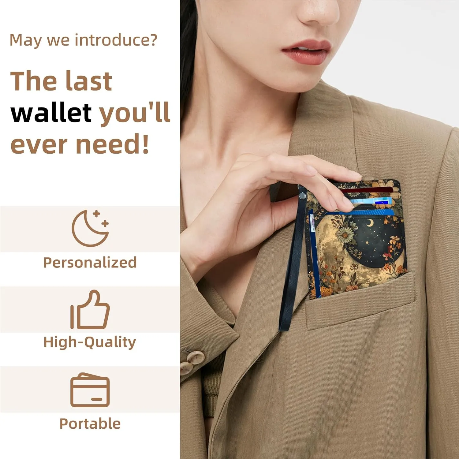 Credit Holder Slim Wallet, PU Leather RFID Blocking, Women & Men Front Pocket Floral Moon Small Card Holder, Credit Card Wallet with Wristlet, Convenient Travel Business