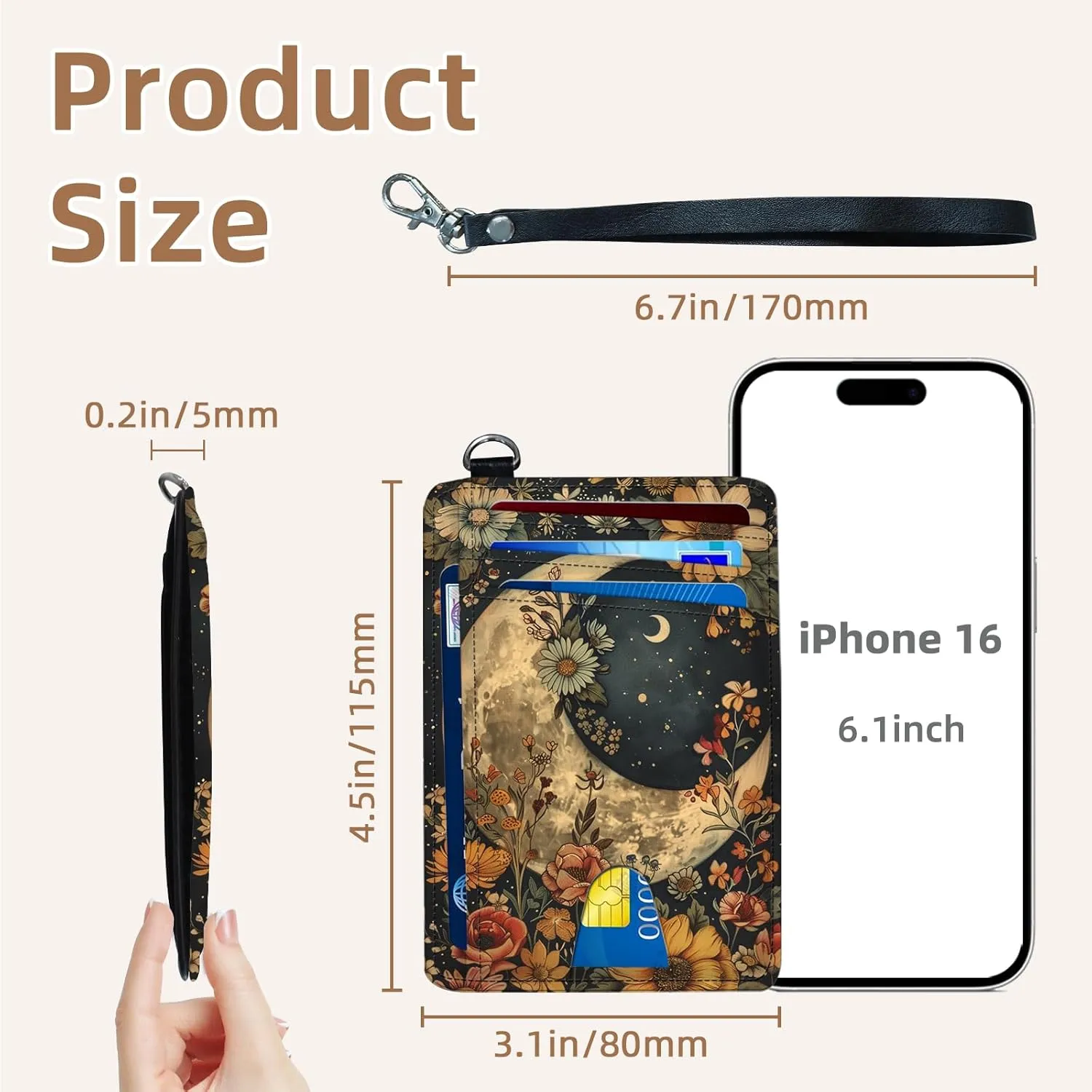Credit Holder Slim Wallet, PU Leather RFID Blocking, Women & Men Front Pocket Floral Moon Small Card Holder, Credit Card Wallet with Wristlet, Convenient Travel Business