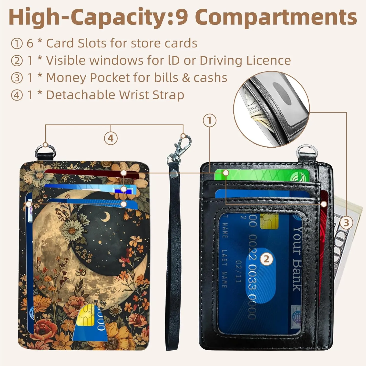 Credit Holder Slim Wallet, PU Leather RFID Blocking, Women & Men Front Pocket Floral Moon Small Card Holder, Credit Card Wallet with Wristlet, Convenient Travel Business