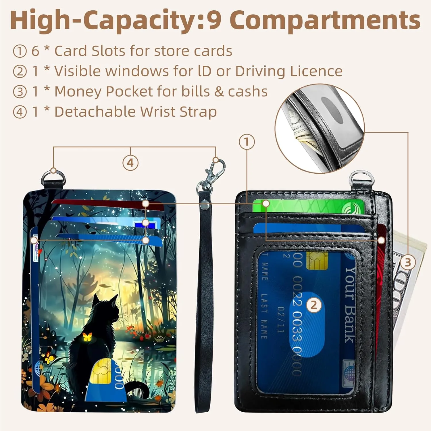 Credit Holder Slim Wallet, PU Leather RFID Blocking, Women & Men Front Pocket Small Card Holder, Credit Card Wallet with Wristlet, Convenient Travel Business, Black Cat Forest
