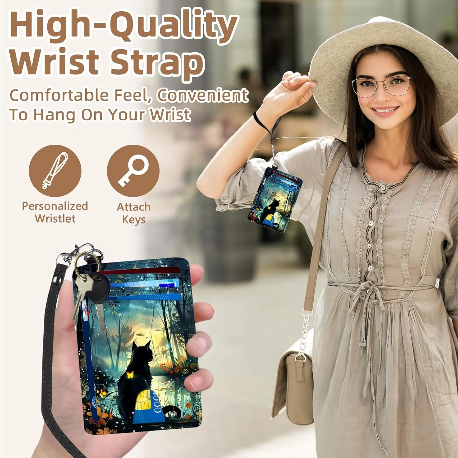 Credit Holder Slim Wallet, PU Leather RFID Blocking, Women & Men Front Pocket Small Card Holder, Credit Card Wallet with Wristlet, Convenient Travel Business, Black Cat Forest