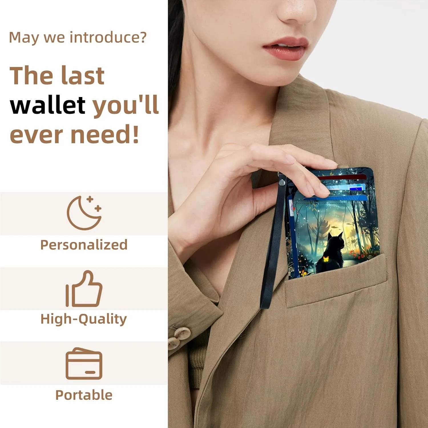 Credit Holder Slim Wallet, PU Leather RFID Blocking, Women & Men Front Pocket Small Card Holder, Credit Card Wallet with Wristlet, Convenient Travel Business, Black Cat Forest