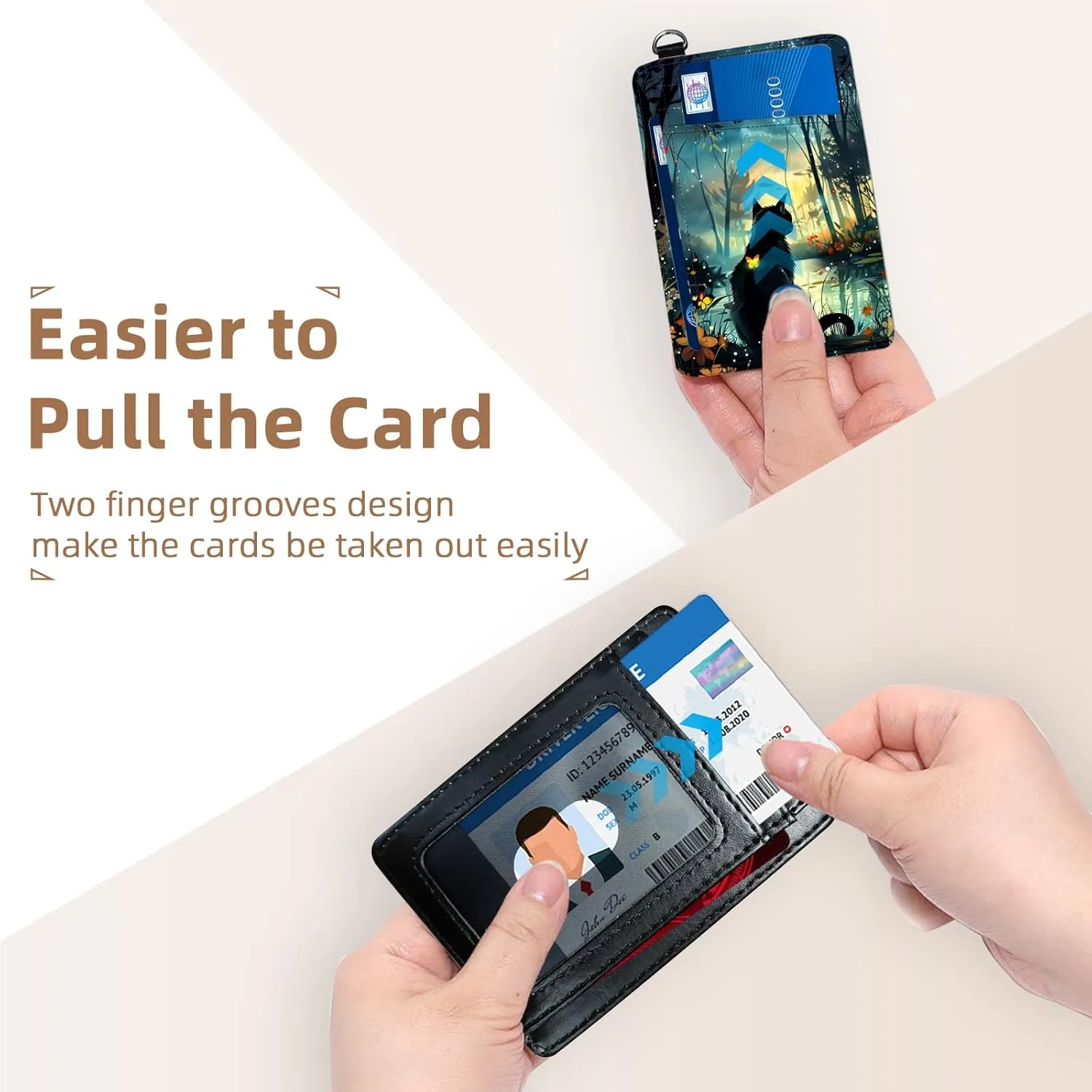 Credit Holder Slim Wallet, PU Leather RFID Blocking, Women & Men Front Pocket Small Card Holder, Credit Card Wallet with Wristlet, Convenient Travel Business, Black Cat Forest