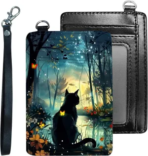 Credit Holder Slim Wallet, PU Leather RFID Blocking, Women & Men Front Pocket Small Card Holder, Credit Card Wallet with Wristlet, Convenient Travel Business, Black Cat Forest