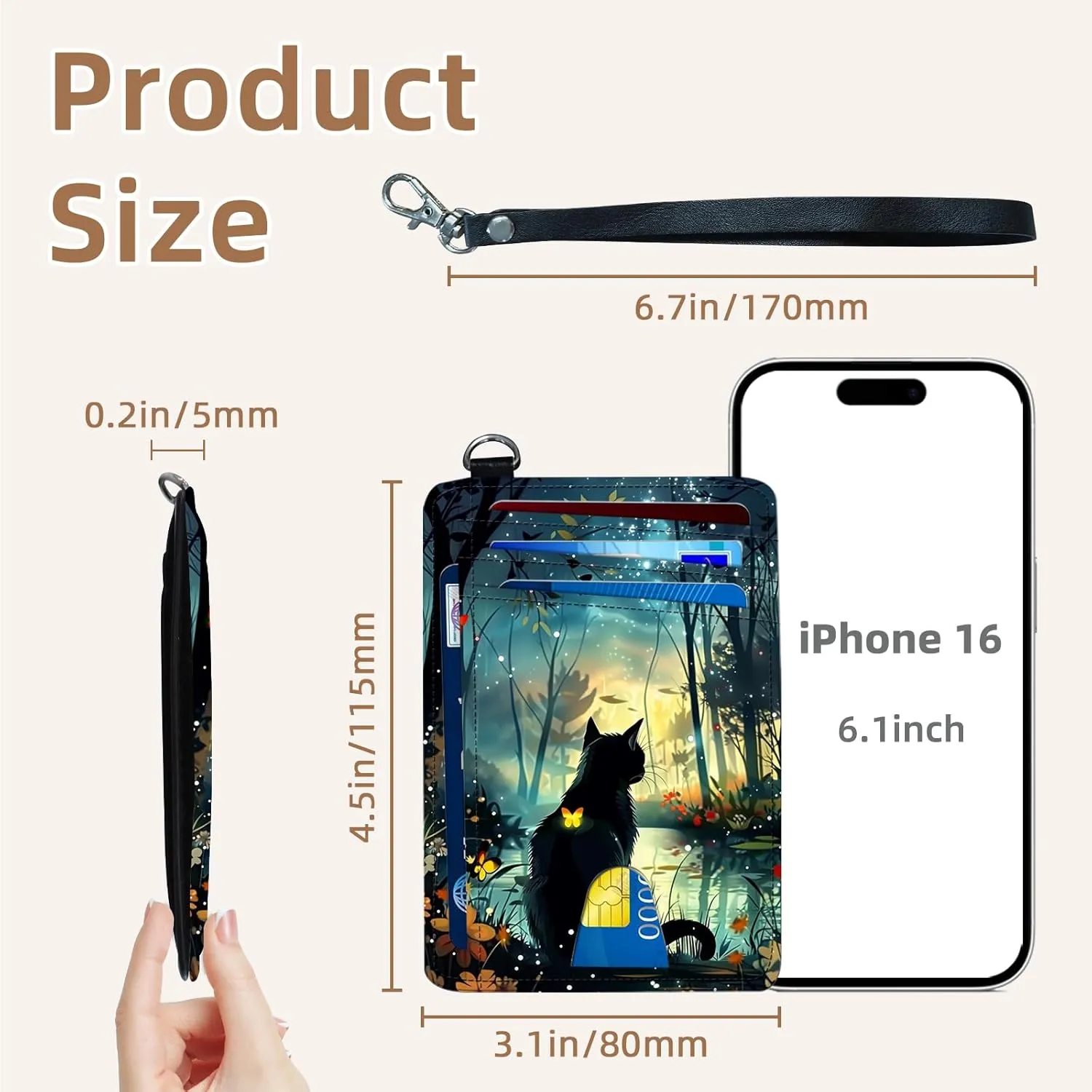 Credit Holder Slim Wallet, PU Leather RFID Blocking, Women & Men Front Pocket Small Card Holder, Credit Card Wallet with Wristlet, Convenient Travel Business, Black Cat Forest