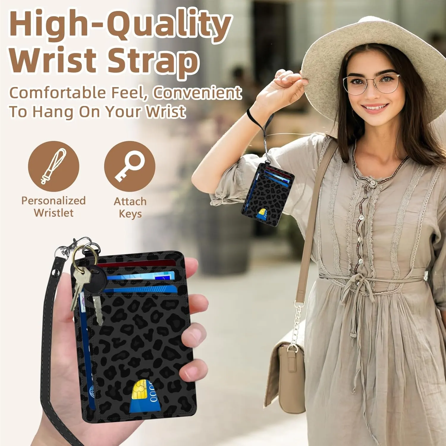 Credit Holder Slim Wallet, PU Leather RFID Blocking, Women & Men Front Pocket Small Card Holder, Credit Card Wallet with Wristlet, Convenient Travel Business, Black leopard print