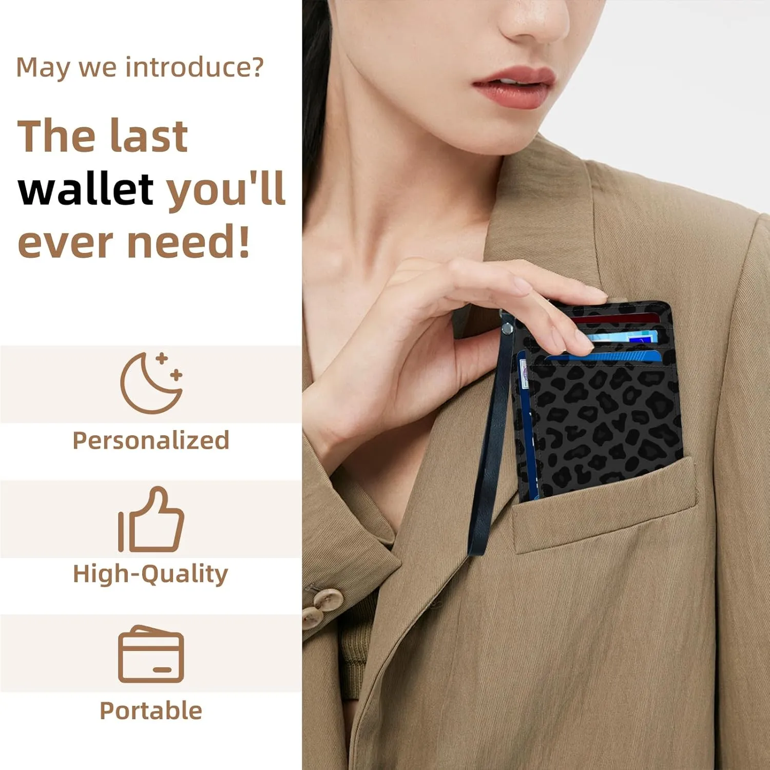 Credit Holder Slim Wallet, PU Leather RFID Blocking, Women & Men Front Pocket Small Card Holder, Credit Card Wallet with Wristlet, Convenient Travel Business, Black leopard print