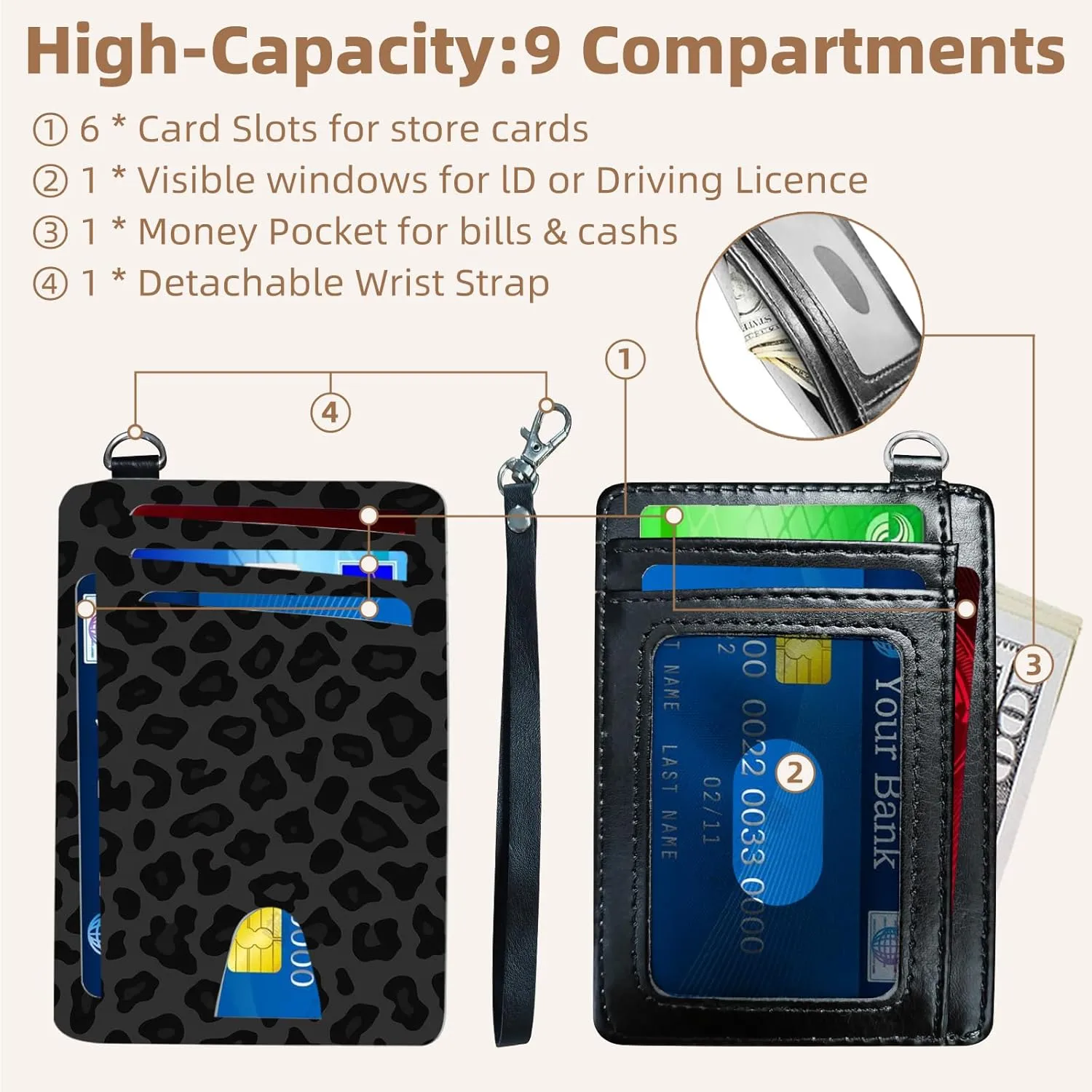 Credit Holder Slim Wallet, PU Leather RFID Blocking, Women & Men Front Pocket Small Card Holder, Credit Card Wallet with Wristlet, Convenient Travel Business, Black leopard print