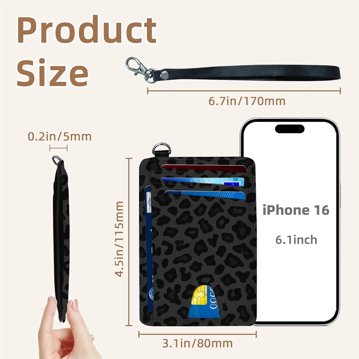 Credit Holder Slim Wallet, PU Leather RFID Blocking, Women & Men Front Pocket Small Card Holder, Credit Card Wallet with Wristlet, Convenient Travel Business, Black leopard print