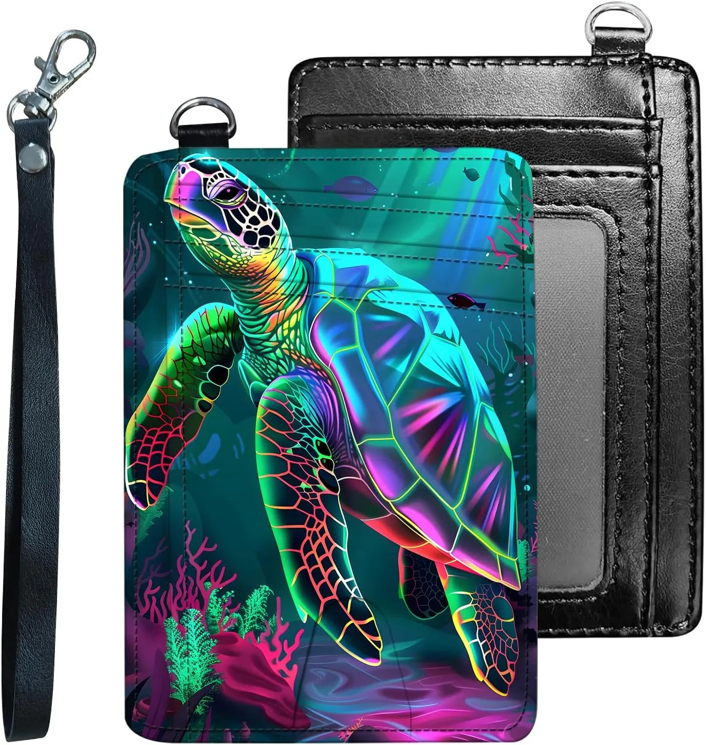 Credit Holder Slim Wallet, PU Leather RFID Blocking, Women & Men Front Pocket Small Card Holder, Credit Card Wallet with Wristlet, Convenient Travel Business, Colorful Turtle
