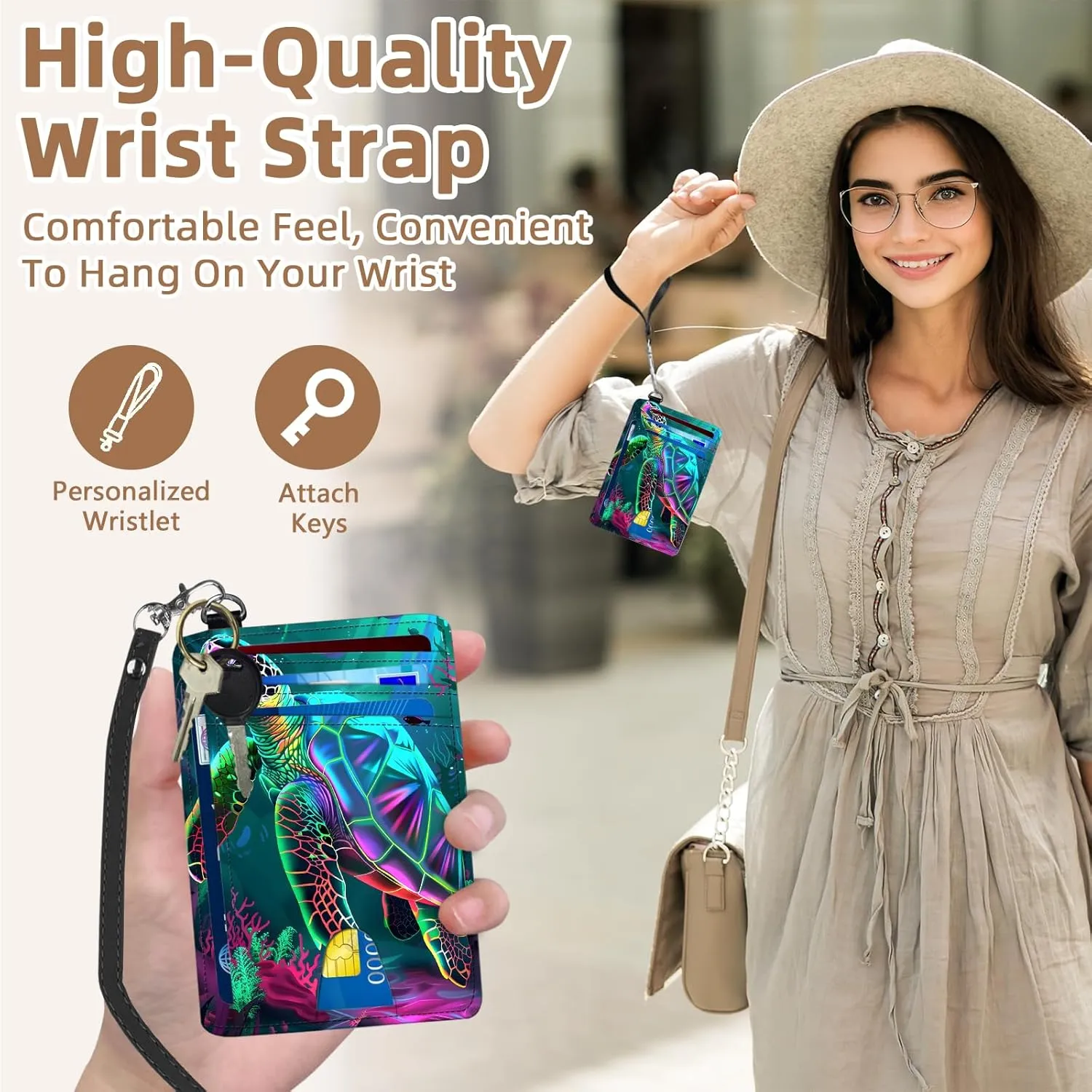 Credit Holder Slim Wallet, PU Leather RFID Blocking, Women & Men Front Pocket Small Card Holder, Credit Card Wallet with Wristlet, Convenient Travel Business, Colorful Turtle