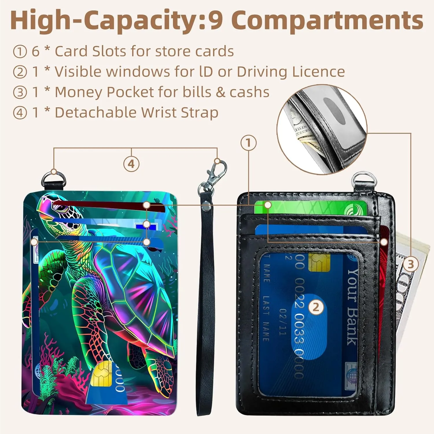 Credit Holder Slim Wallet, PU Leather RFID Blocking, Women & Men Front Pocket Small Card Holder, Credit Card Wallet with Wristlet, Convenient Travel Business, Colorful Turtle