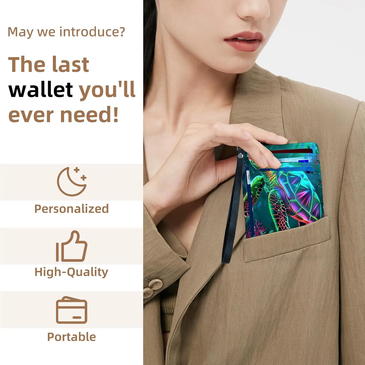 Credit Holder Slim Wallet, PU Leather RFID Blocking, Women & Men Front Pocket Small Card Holder, Credit Card Wallet with Wristlet, Convenient Travel Business, Colorful Turtle