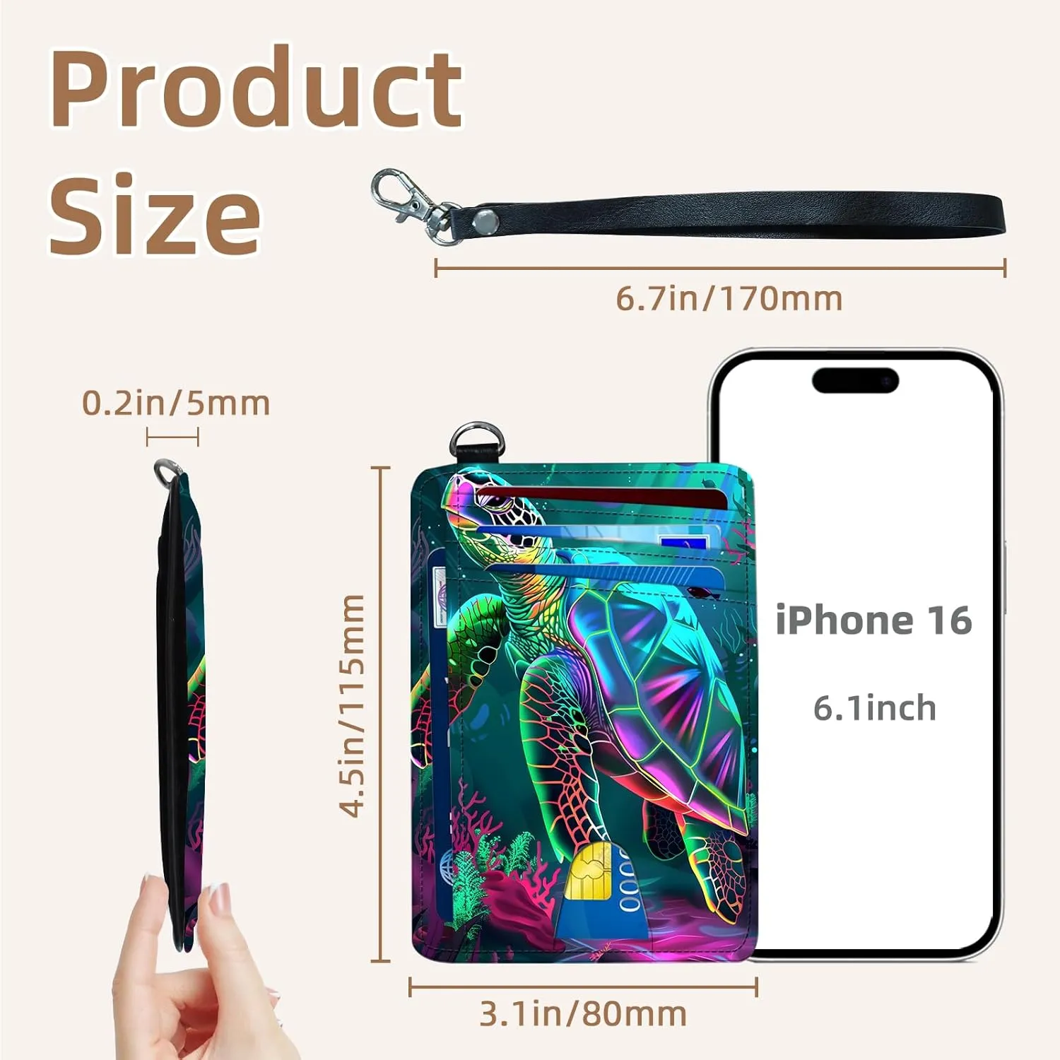 Credit Holder Slim Wallet, PU Leather RFID Blocking, Women & Men Front Pocket Small Card Holder, Credit Card Wallet with Wristlet, Convenient Travel Business, Colorful Turtle