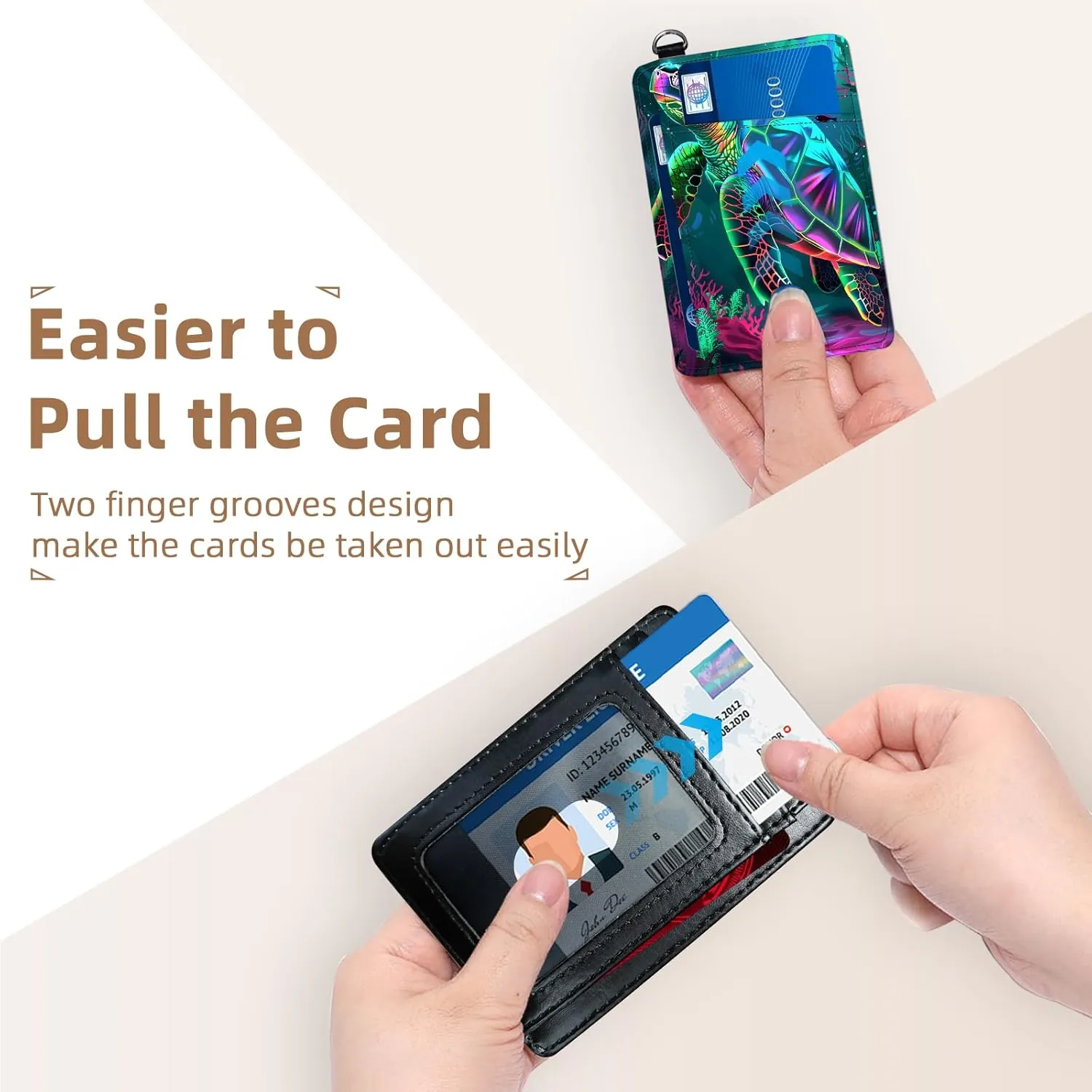 Credit Holder Slim Wallet, PU Leather RFID Blocking, Women & Men Front Pocket Small Card Holder, Credit Card Wallet with Wristlet, Convenient Travel Business, Colorful Turtle
