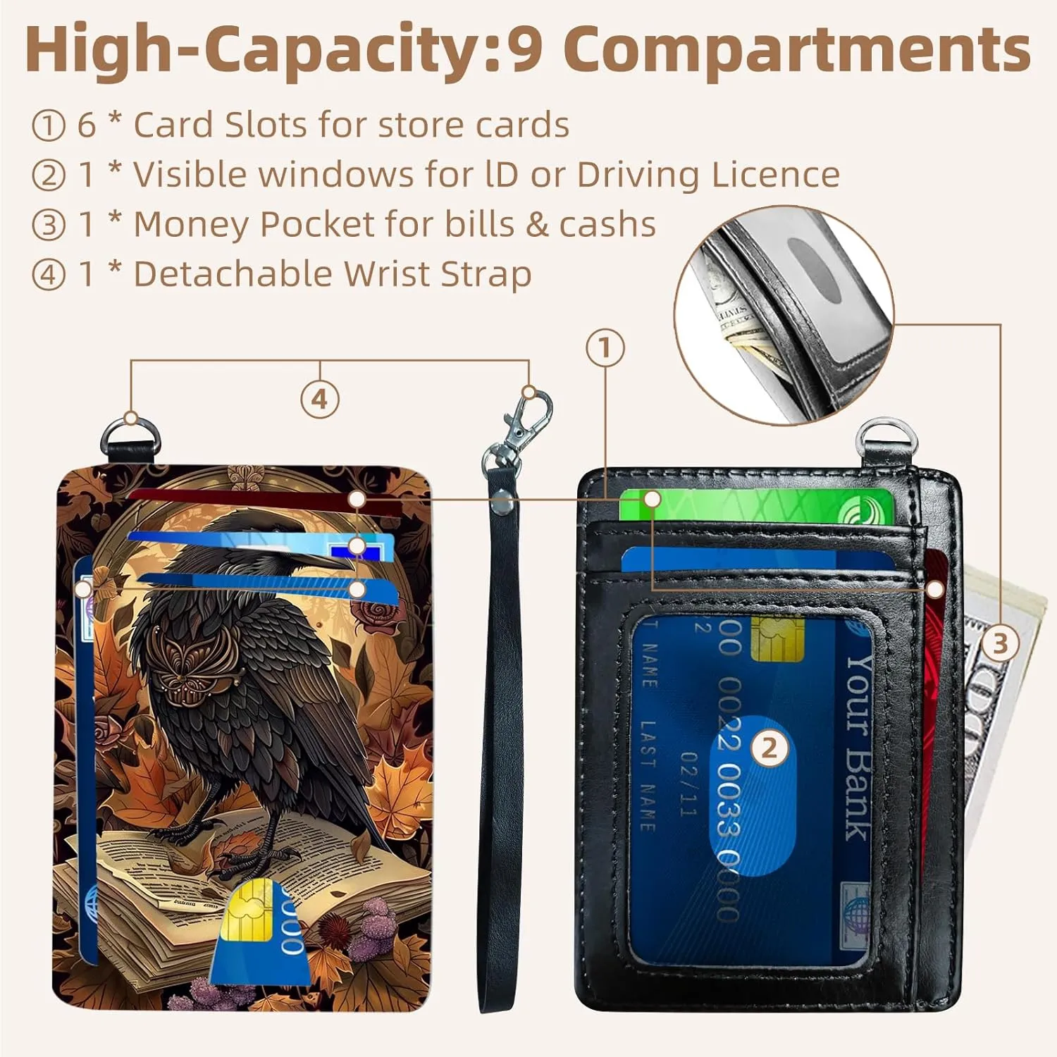 Credit Holder Slim Wallet, PU Leather RFID Blocking, Women & Men Front Pocket Small Card Holder, Credit Card Wallet with Wristlet, Convenient Travel Business, Crow Book