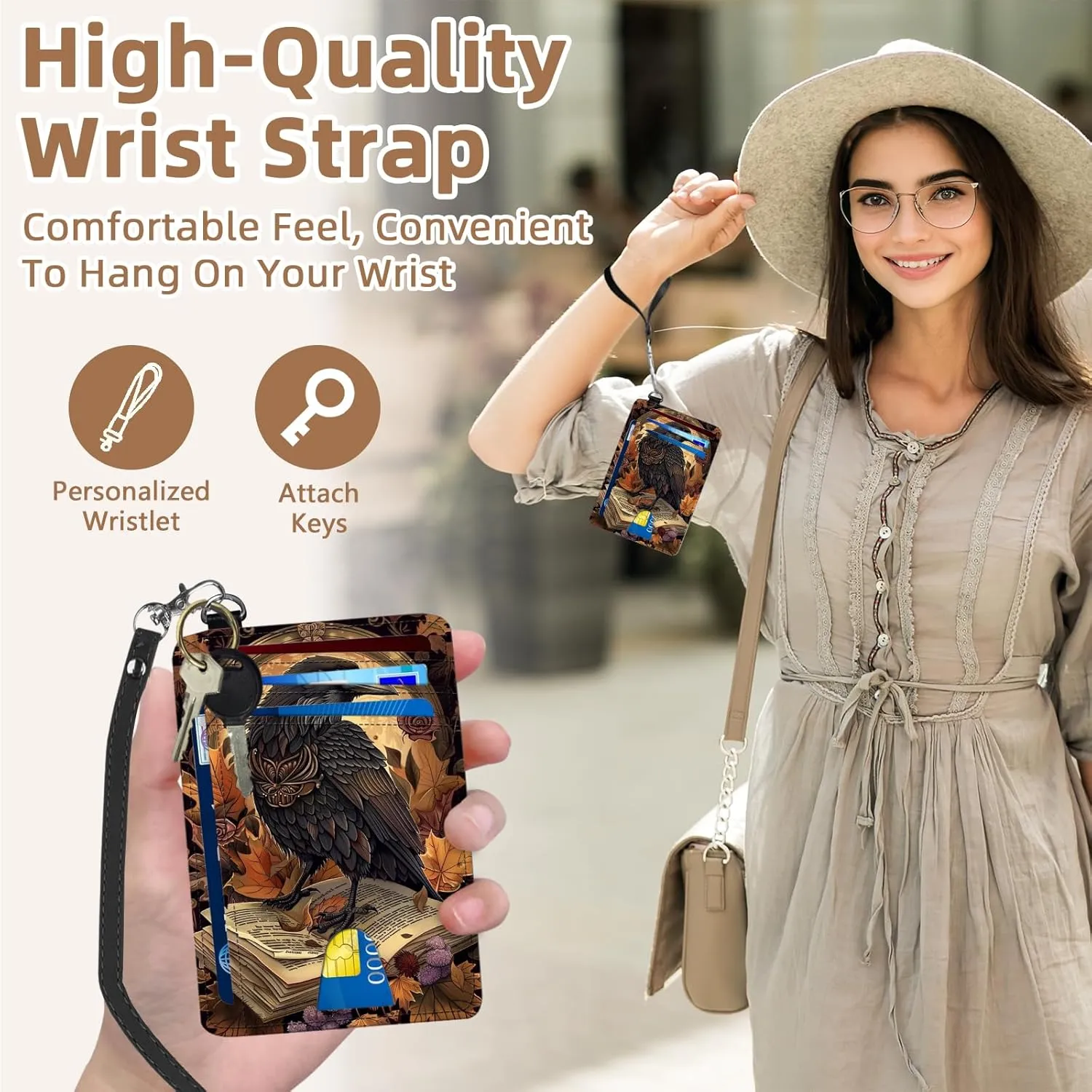 Credit Holder Slim Wallet, PU Leather RFID Blocking, Women & Men Front Pocket Small Card Holder, Credit Card Wallet with Wristlet, Convenient Travel Business, Crow Book