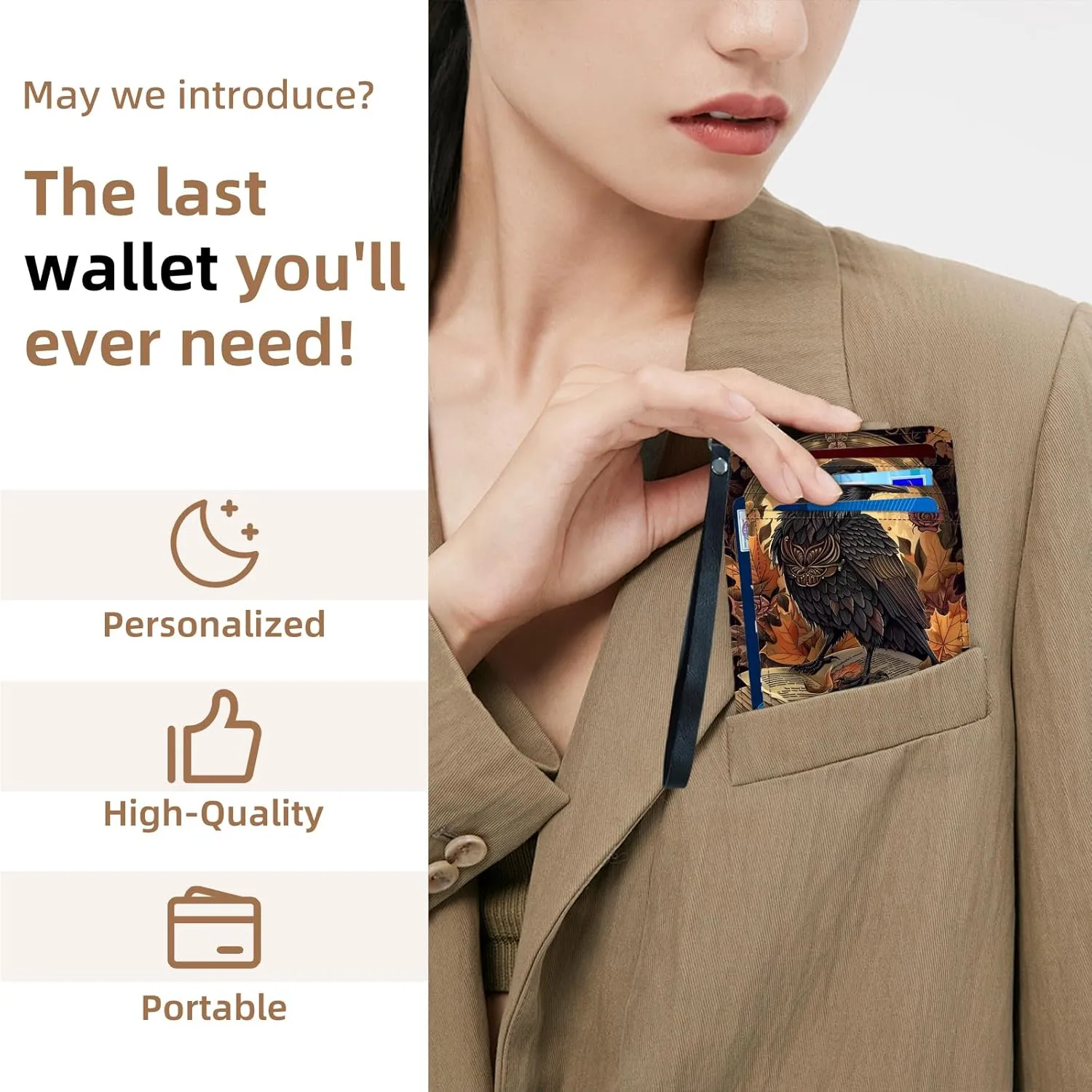 Credit Holder Slim Wallet, PU Leather RFID Blocking, Women & Men Front Pocket Small Card Holder, Credit Card Wallet with Wristlet, Convenient Travel Business, Crow Book