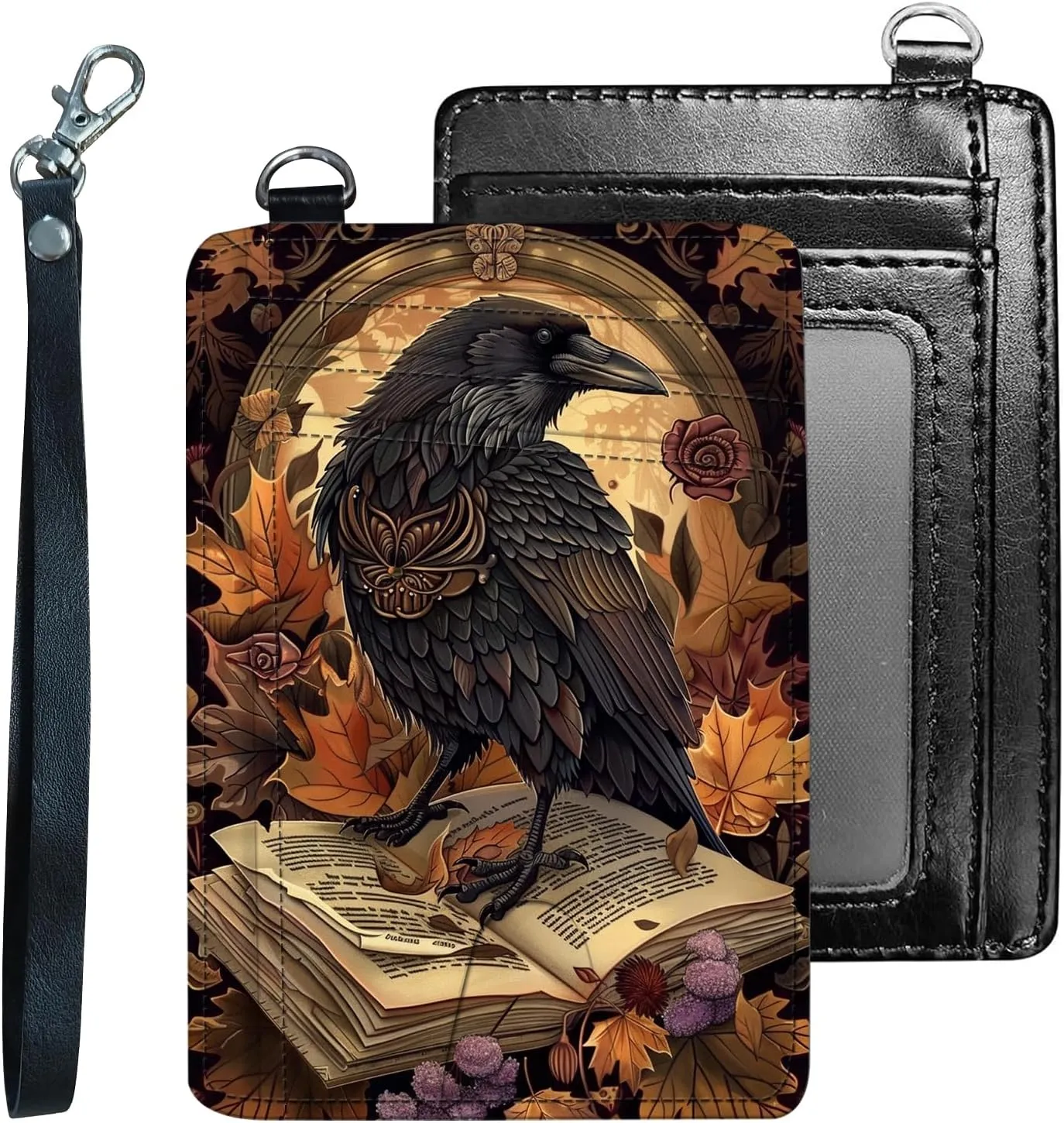 Credit Holder Slim Wallet, PU Leather RFID Blocking, Women & Men Front Pocket Small Card Holder, Credit Card Wallet with Wristlet, Convenient Travel Business, Crow Book