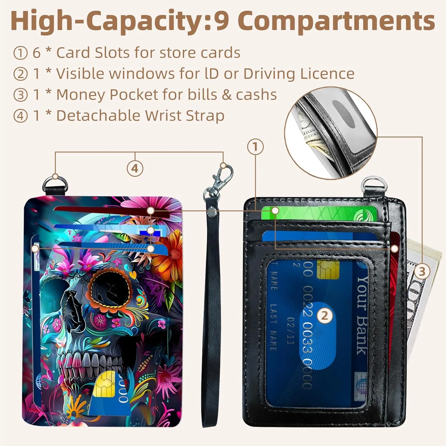 Credit Holder Slim Wallet, PU Leather RFID Blocking, Women & Men Front Pocket Small Card Holder, Credit Card Wallet with Wristlet, Convenient Travel Business, Garden Skull