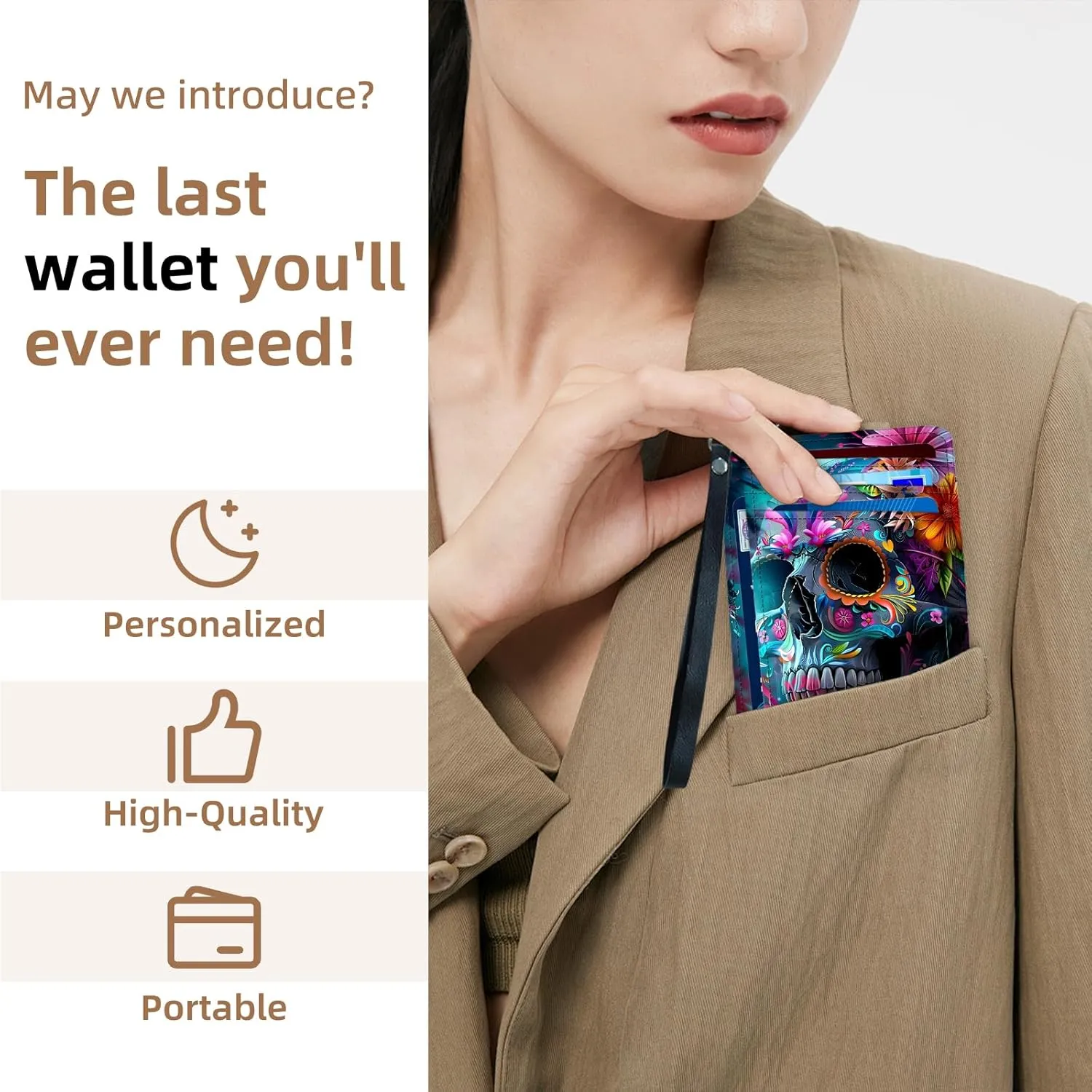 Credit Holder Slim Wallet, PU Leather RFID Blocking, Women & Men Front Pocket Small Card Holder, Credit Card Wallet with Wristlet, Convenient Travel Business, Garden Skull