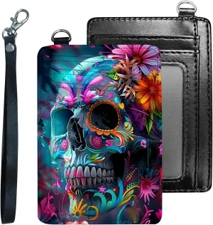 Credit Holder Slim Wallet, PU Leather RFID Blocking, Women & Men Front Pocket Small Card Holder, Credit Card Wallet with Wristlet, Convenient Travel Business, Garden Skull