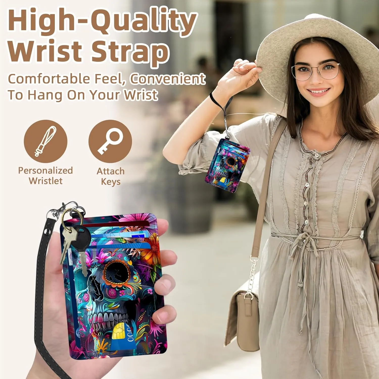 Credit Holder Slim Wallet, PU Leather RFID Blocking, Women & Men Front Pocket Small Card Holder, Credit Card Wallet with Wristlet, Convenient Travel Business, Garden Skull