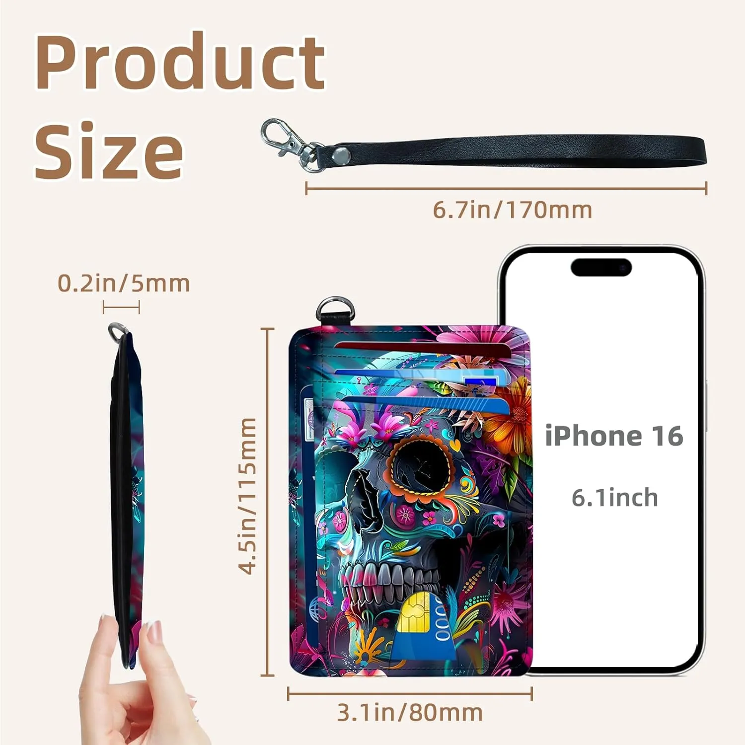Credit Holder Slim Wallet, PU Leather RFID Blocking, Women & Men Front Pocket Small Card Holder, Credit Card Wallet with Wristlet, Convenient Travel Business, Garden Skull