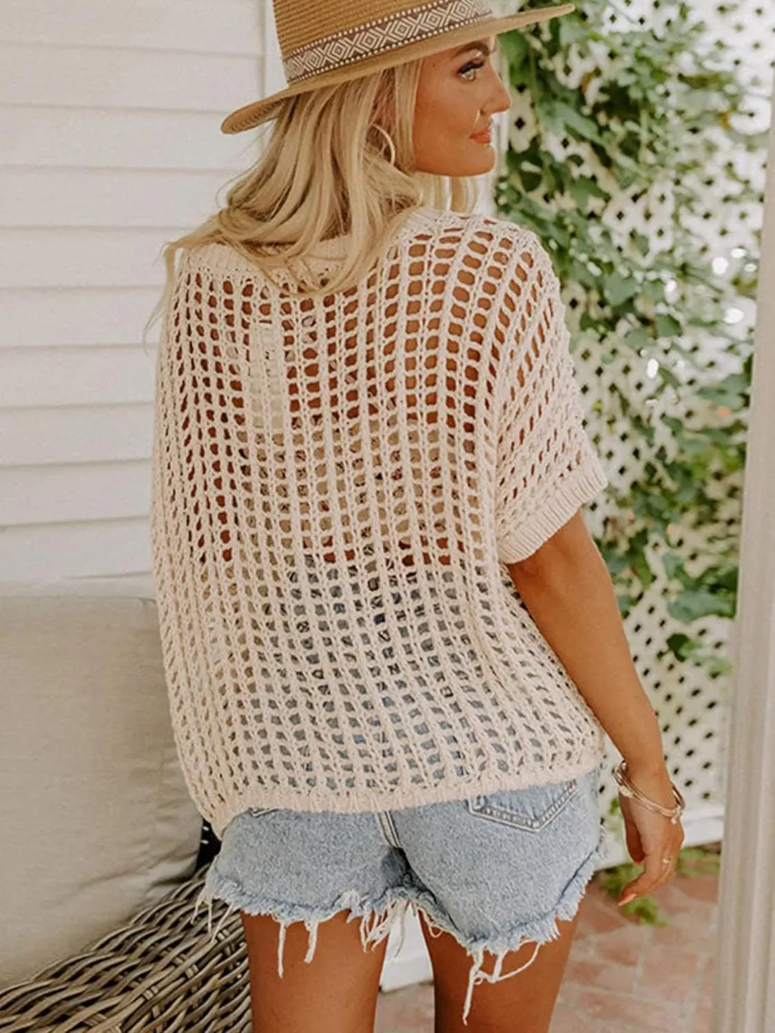 Crochet Tops for Women Short Sleeve Off The Shoulder Beach Coverup for Swimsuit Hollow Out Knit Tops