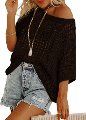 Crochet Tops for Women Short Sleeve Off The Shoulder Beach Coverup for Swimsuit Hollow Out Knit Tops