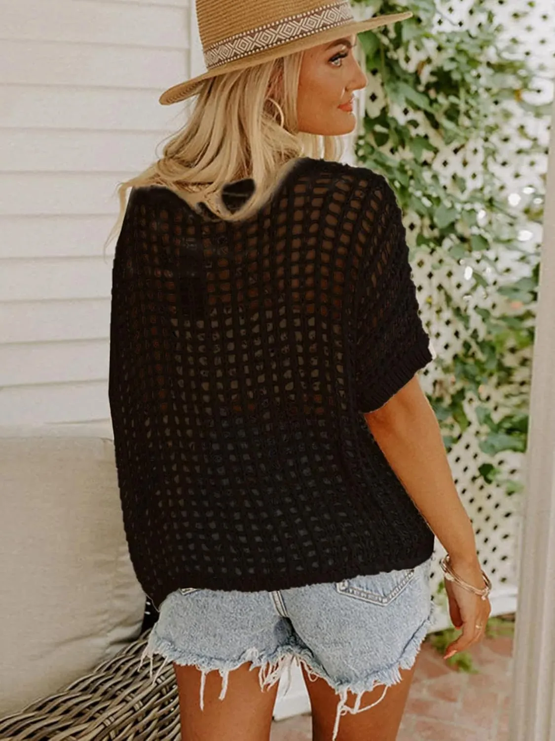 Crochet Tops for Women Short Sleeve Off The Shoulder Beach Coverup for Swimsuit Hollow Out Knit Tops