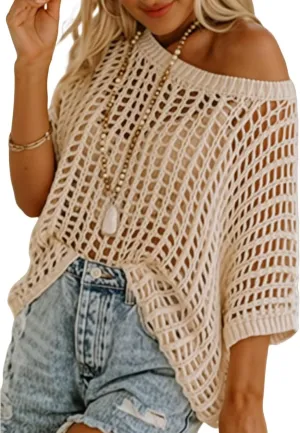 Crochet Tops for Women Short Sleeve Off The Shoulder Beach Coverup for Swimsuit Hollow Out Knit Tops
