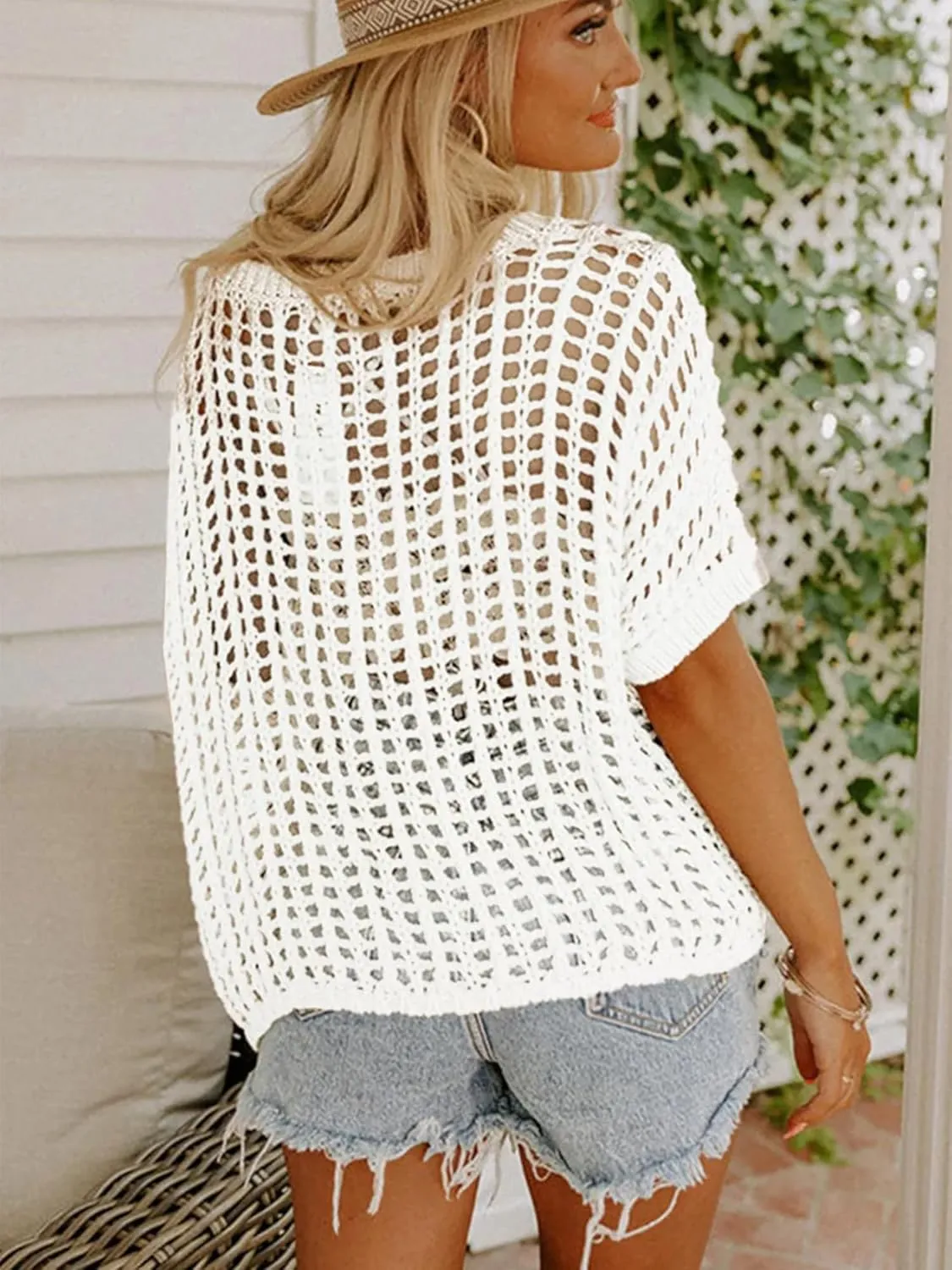 Crochet Tops for Women Short Sleeve Off The Shoulder Beach Coverup for Swimsuit Hollow Out Knit Tops