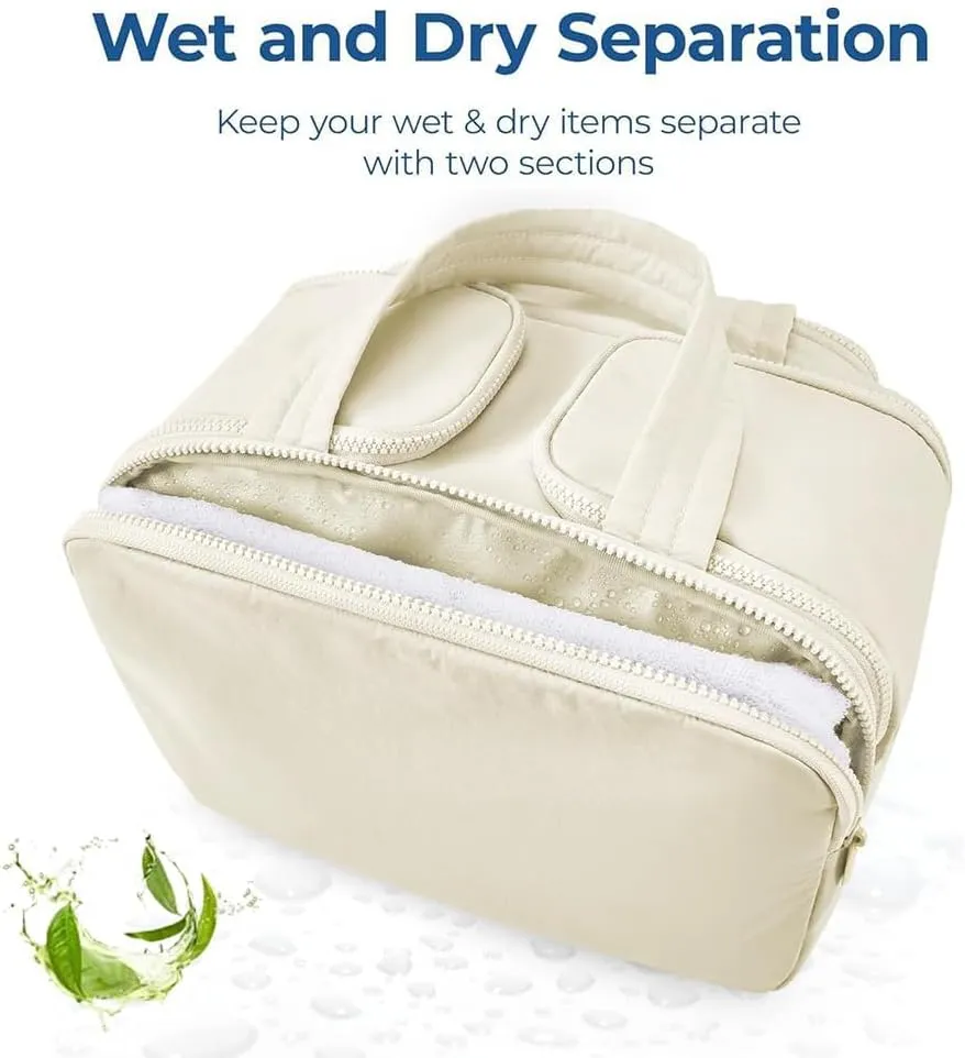 Cureaway Travel Bag, Cureaway Travel Cosmetic Bag, Large Capacity Wide-Open Cosmetic Bags, Waterproof Portable Pouch Open Flat Toiletry Bags, Dry-And-Wet Separation (Beige)