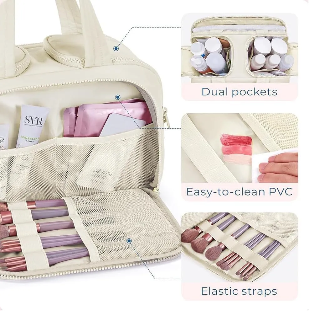 Cureaway Travel Bag, Cureaway Travel Cosmetic Bag, Large Capacity Wide-Open Cosmetic Bags, Waterproof Portable Pouch Open Flat Toiletry Bags, Dry-And-Wet Separation (Beige)