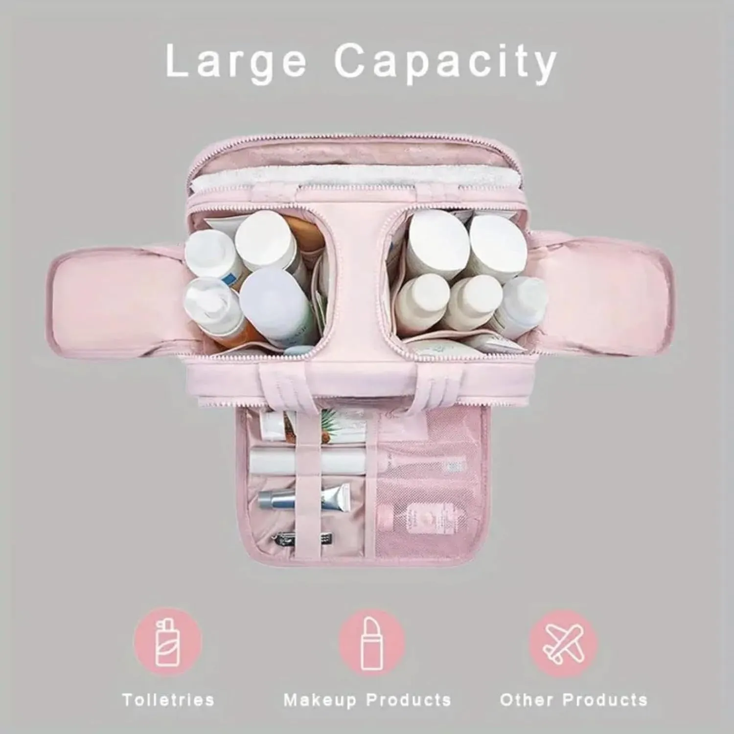 Cureaway Travel Bag, Cureaway Travel Cosmetic Bag, Large Capacity Wide-Open Cosmetic Bags, Waterproof Portable Pouch Open Flat Toiletry Bags, Dry-And-Wet Separation (Pink)