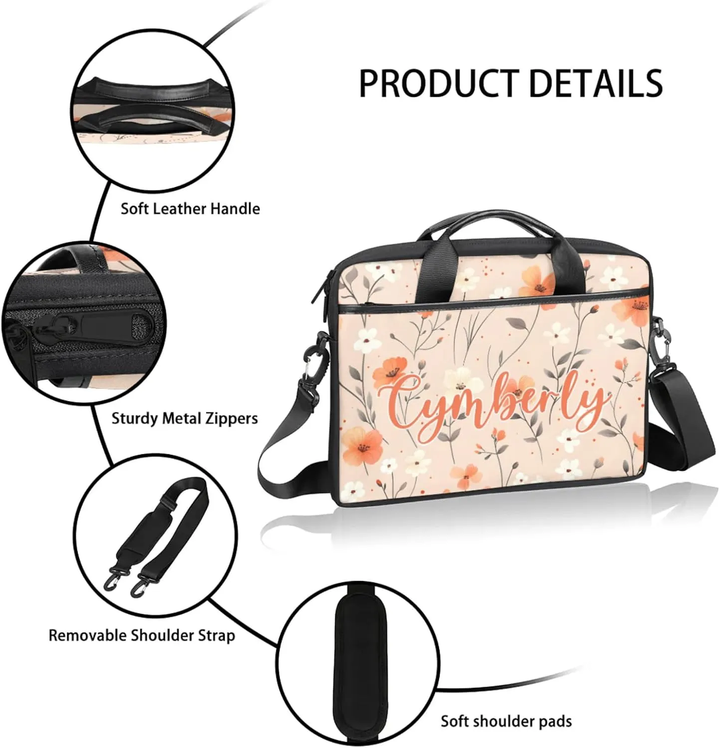 Custom Name Flower Laptop Bags for Women, Personalized Laptop Case Shoulder Bag, Sturdy Computer Bags
