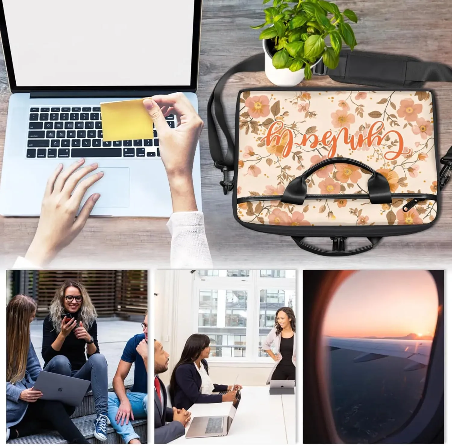 Custom Name Flower Laptop Bags for Women, Personalized Laptop Case Shoulder Bag, Sturdy Computer Bags