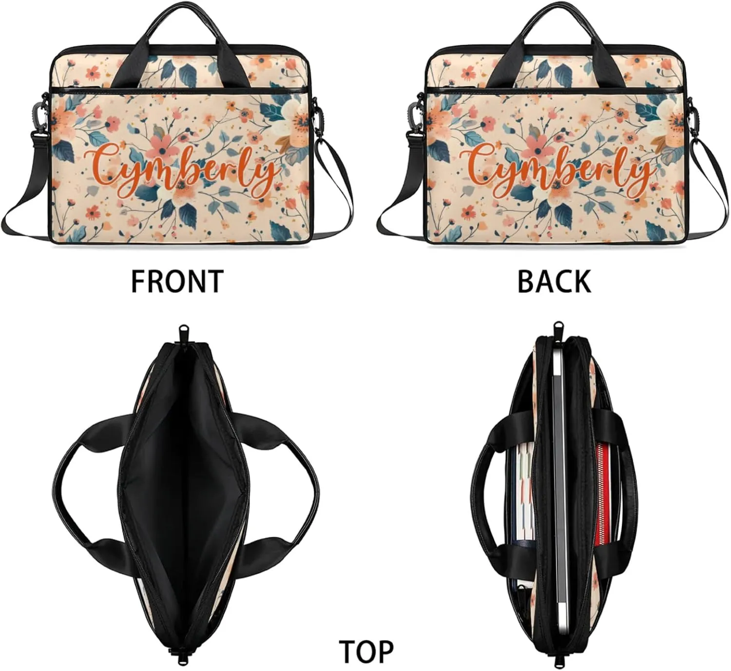 Custom Name Flower Laptop Bags for Women, Personalized Laptop Case Shoulder Bag, Sturdy Computer Bags