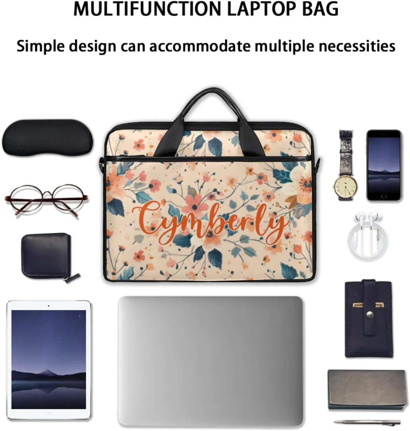 Custom Name Flower Laptop Bags for Women, Personalized Laptop Case Shoulder Bag, Sturdy Computer Bags