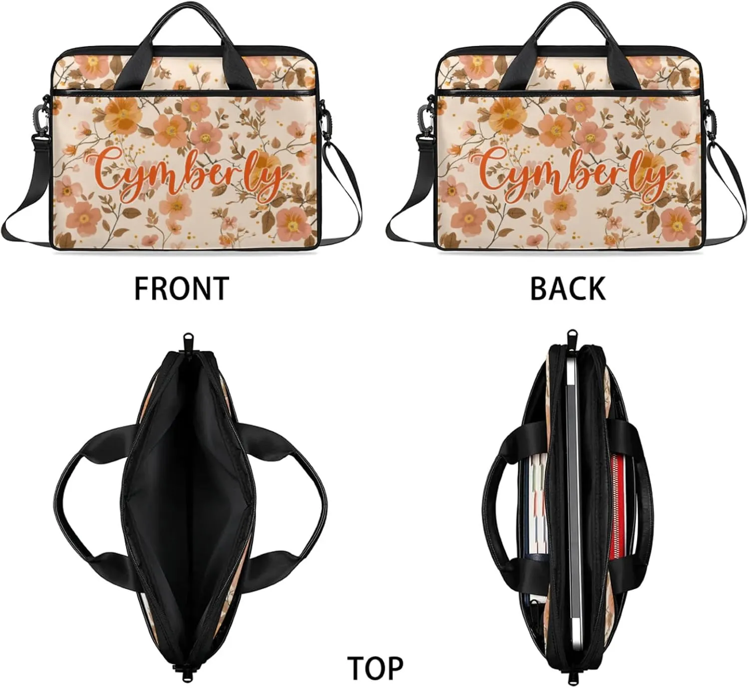 Custom Name Flower Laptop Bags for Women, Personalized Laptop Case Shoulder Bag, Sturdy Computer Bags