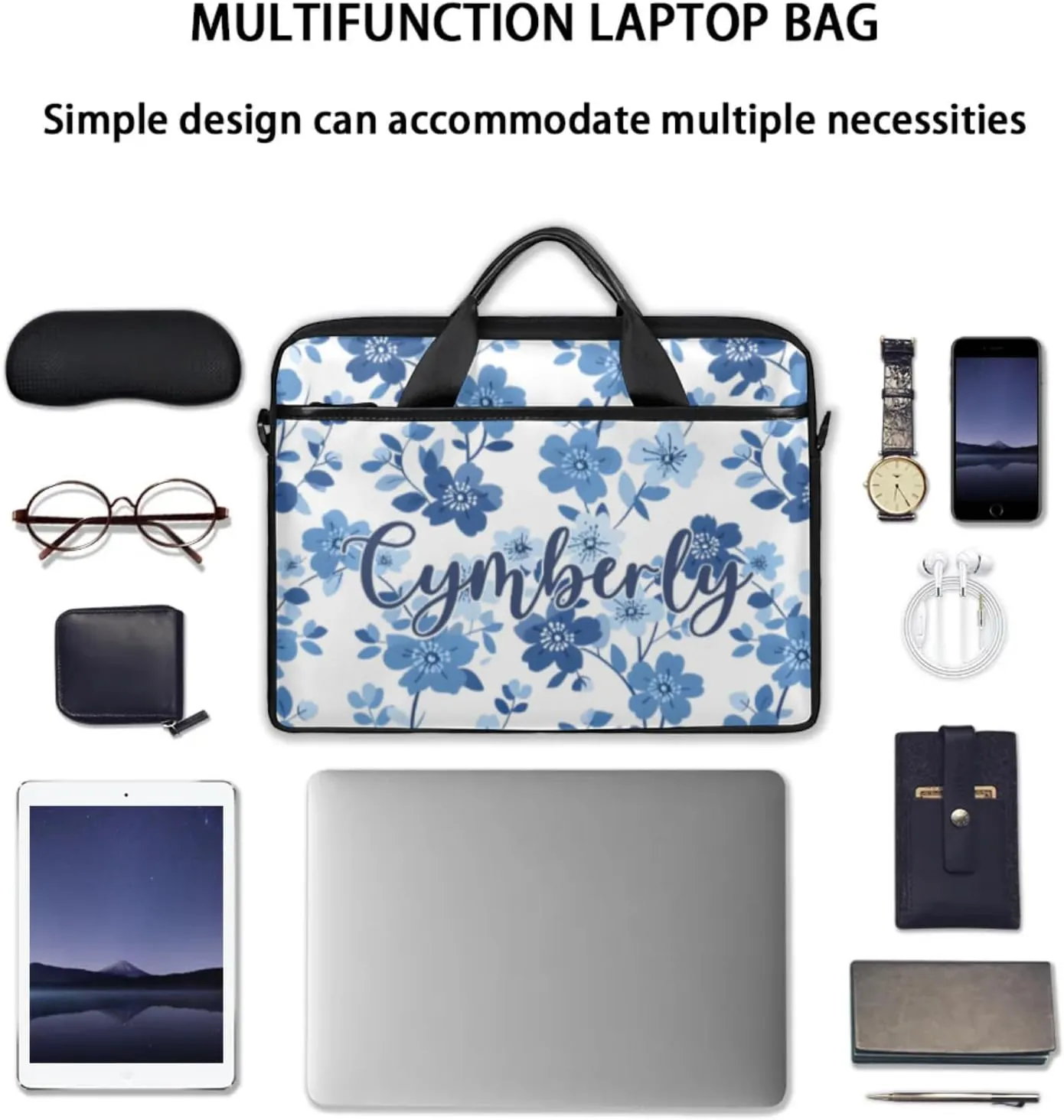 Custom Name Flower Laptop Bags for Women, Personalized Laptop Case Shoulder Bag, Sturdy Computer Bags