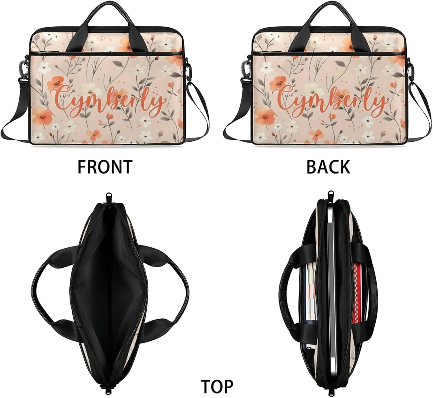 Custom Name Flower Laptop Bags for Women, Personalized Laptop Case Shoulder Bag, Sturdy Computer Bags