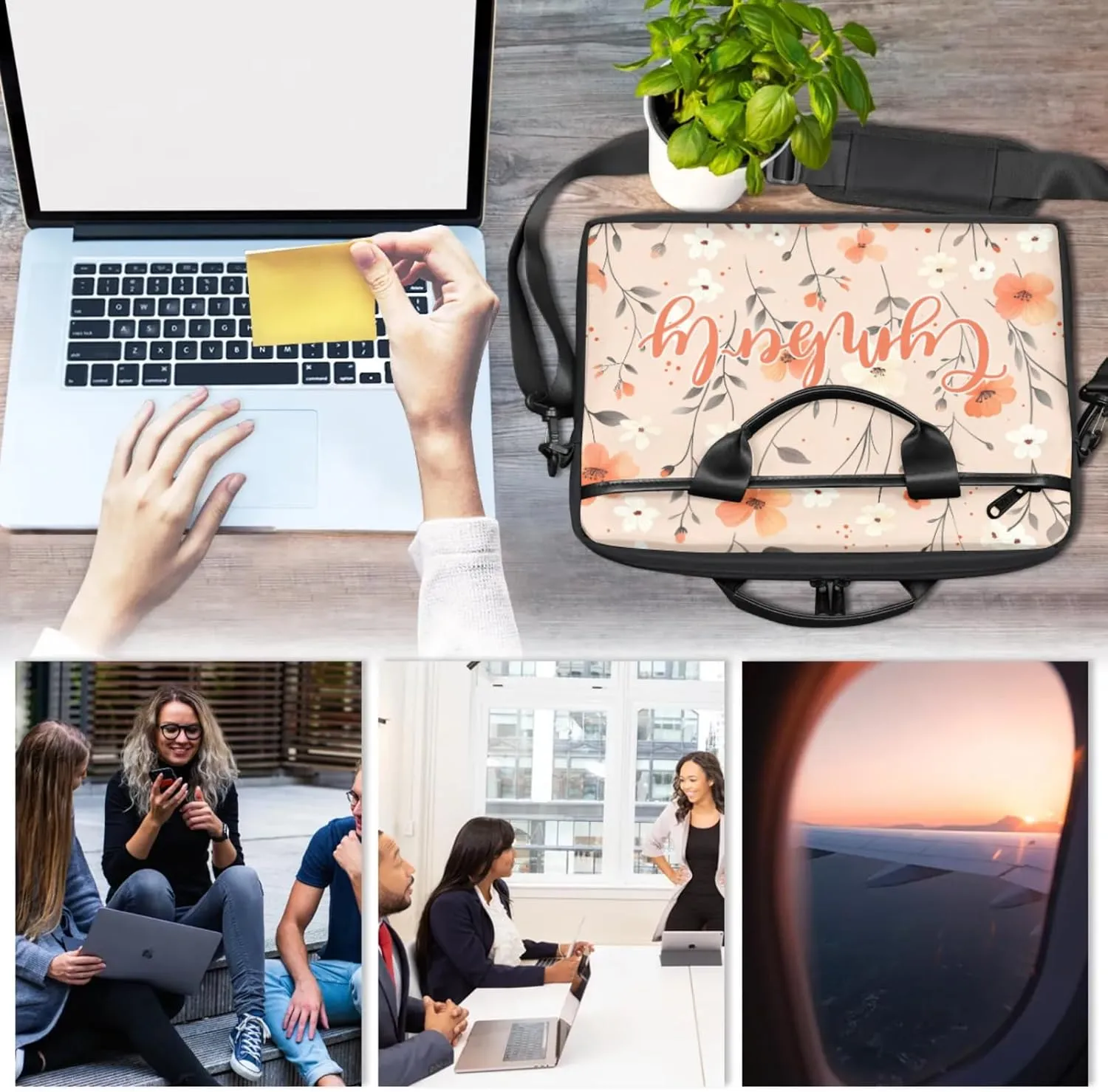 Custom Name Flower Laptop Bags for Women, Personalized Laptop Case Shoulder Bag, Sturdy Computer Bags