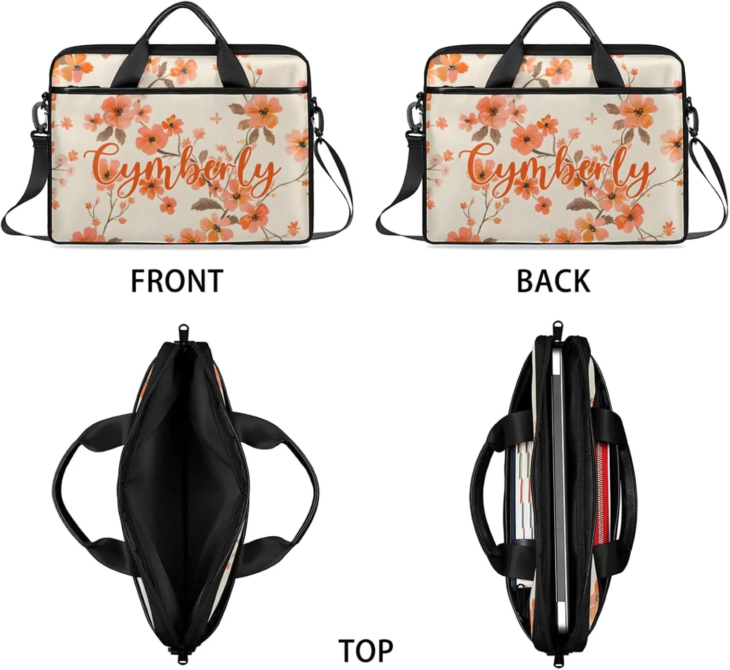 Custom Name Flower Laptop Bags for Women, Personalized Laptop Case Shoulder Bag, Sturdy Computer Bags