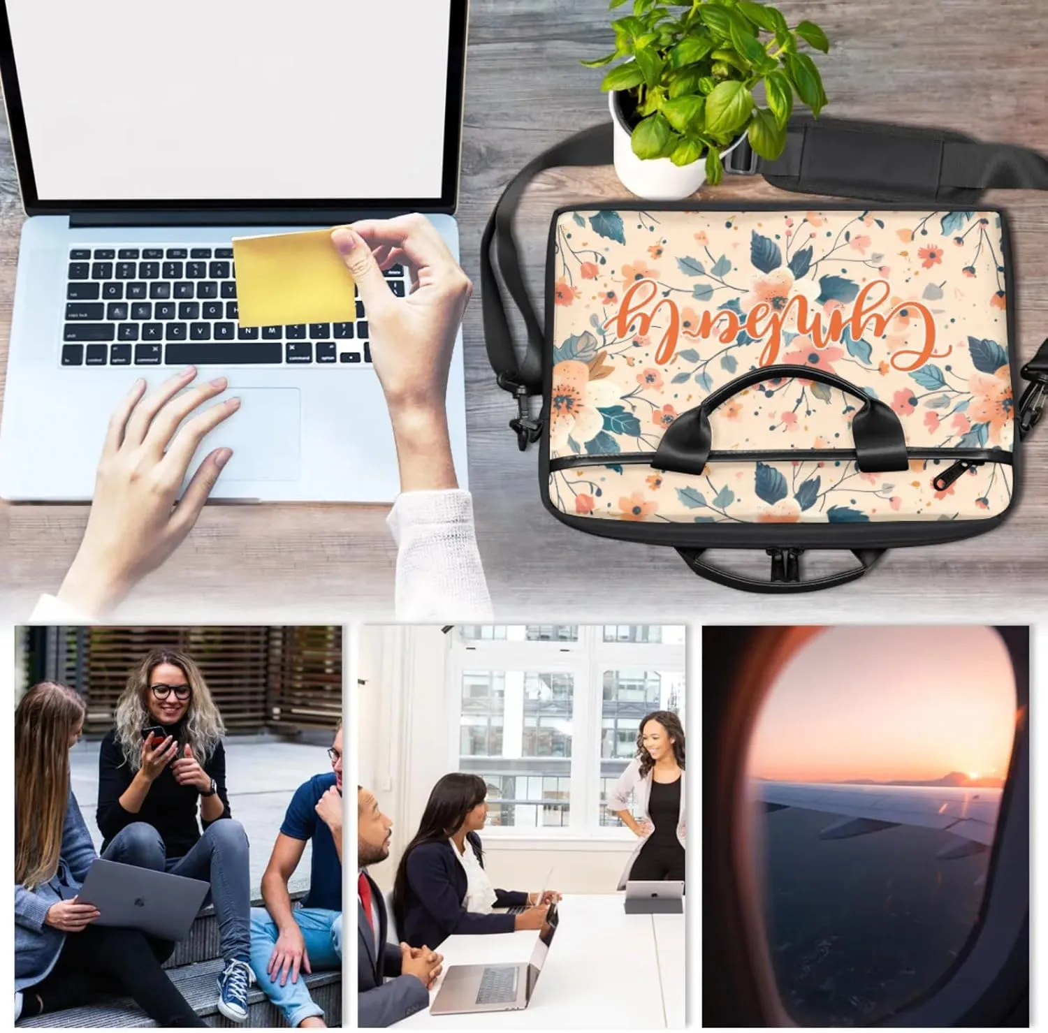 Custom Name Flower Laptop Bags for Women, Personalized Laptop Case Shoulder Bag, Sturdy Computer Bags