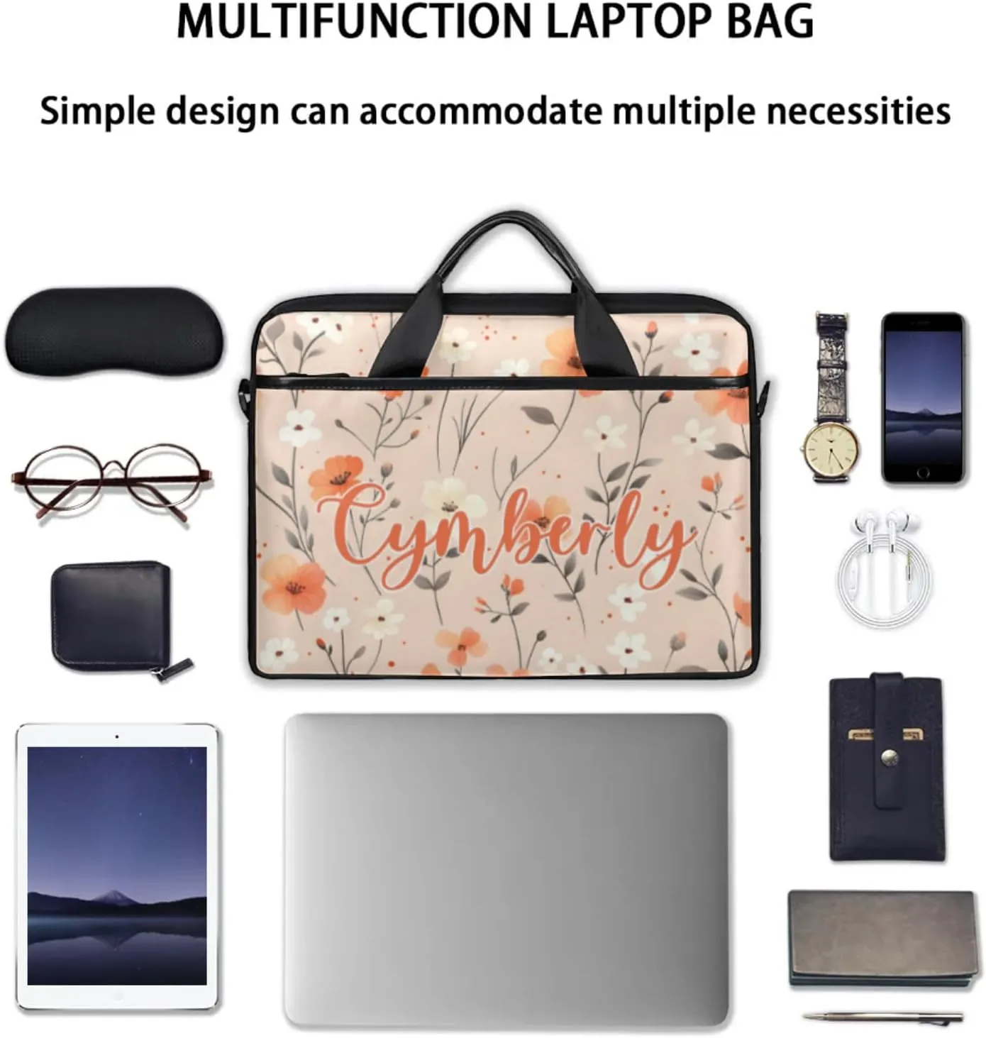 Custom Name Flower Laptop Bags for Women, Personalized Laptop Case Shoulder Bag, Sturdy Computer Bags