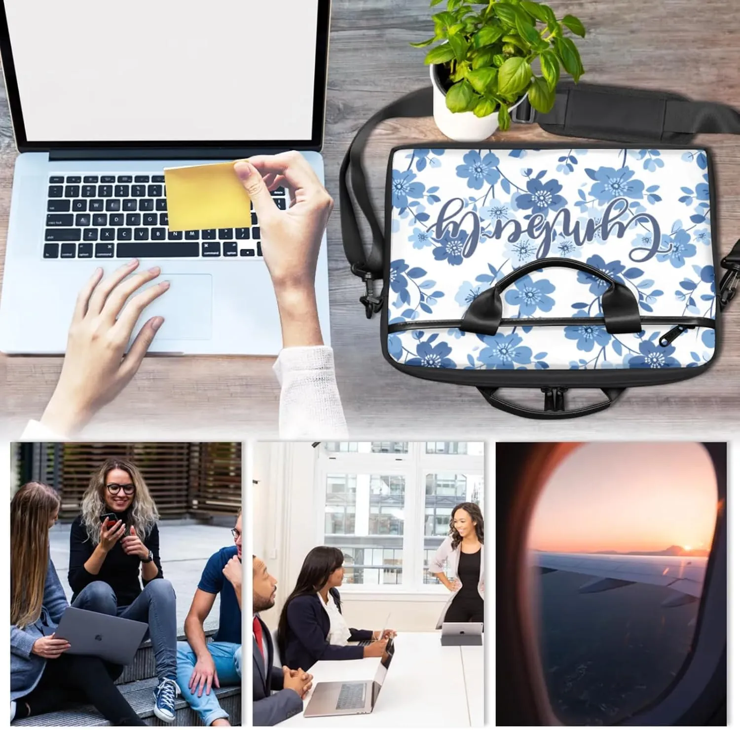 Custom Name Flower Laptop Bags for Women, Personalized Laptop Case Shoulder Bag, Sturdy Computer Bags