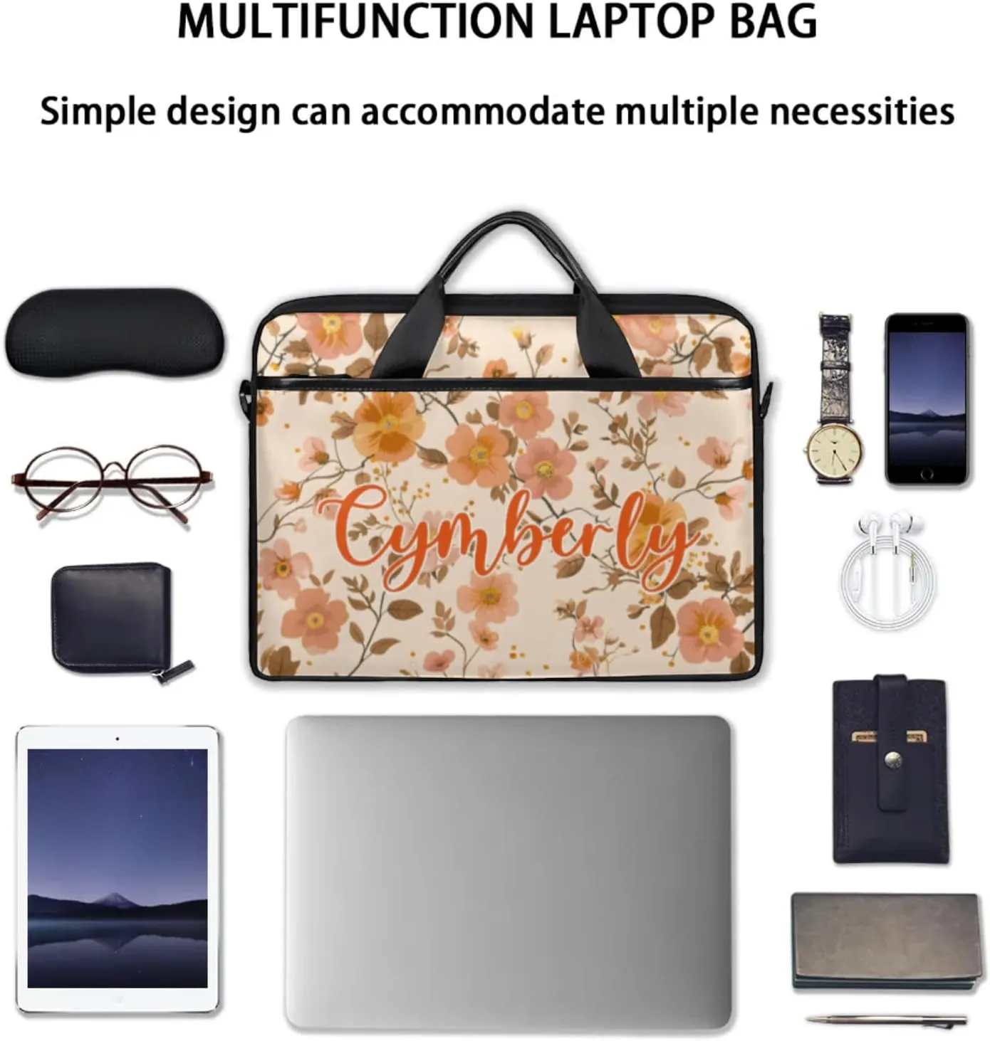 Custom Name Flower Laptop Bags for Women, Personalized Laptop Case Shoulder Bag, Sturdy Computer Bags